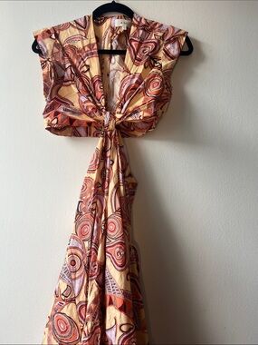 A.L.C. Sleeveless Tie-Front Maxi Dress in Yellow, Rust, Pink Geo Print